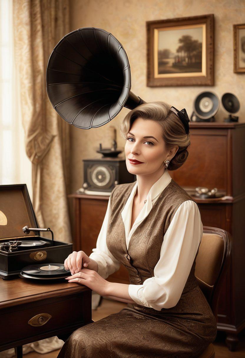 A tasteful and artistic depiction of a confident, elegantly dressed mature woman with a hint of nostalgia; vintage sepia tones to evoke a sense of bygone eras, surrounded by classic, retro elements like an old gramophone, vintage film reels, and antique furnishings. Artistic, respectful, with a subtle allure. painting. vintage aesthetics. warm, muted colors.