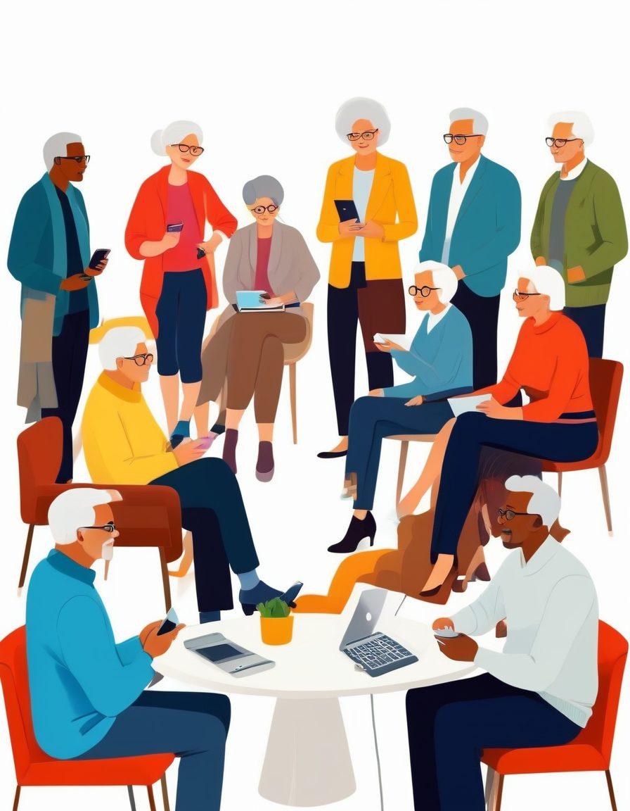 A diverse group of confident and stylish mature and senior individuals, both men and women, engaging in a warm and respectful conversation, surrounded by modern technology and cozy home decor. The image should exude comfort, dignity, and relatability, breaking traditional stereotypes with a sense of connection and modern appeal. vector art. vibrant colors. white background.